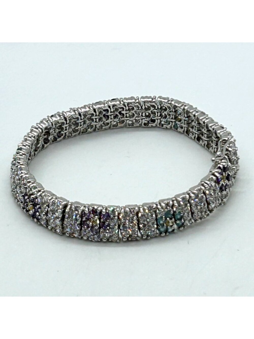 Vintage Rhinestone Tennis Bracelet Multicolor Flower Design W/ Safety Clasp 7.5"